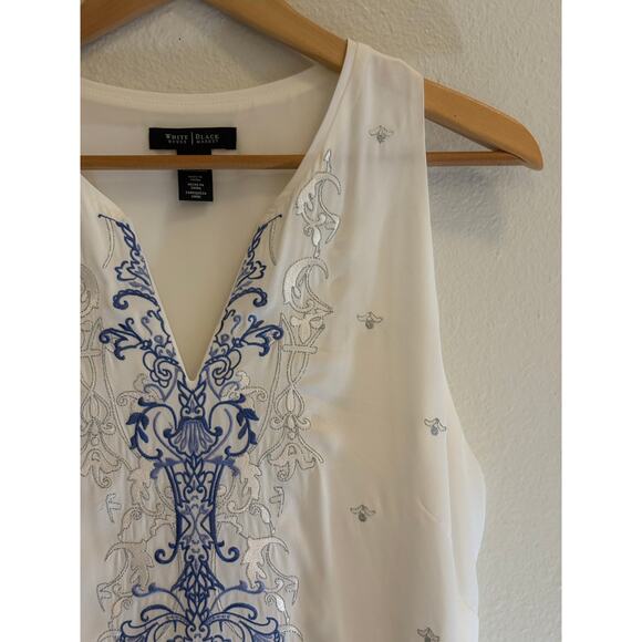 WHITE HOUSE BLACK MARKET Blouse | Chiffon Embroidered White Blue Silver | MEDIUM - Picture 2 of 7